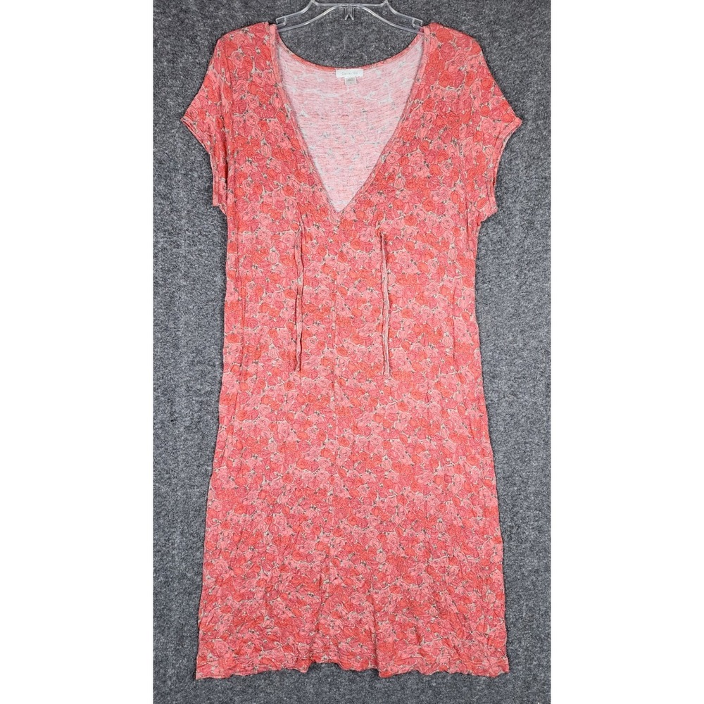Garnet Hill Knit Dress Womens Medium Pink Orange Floral Rose V-Neck Short Sleeve